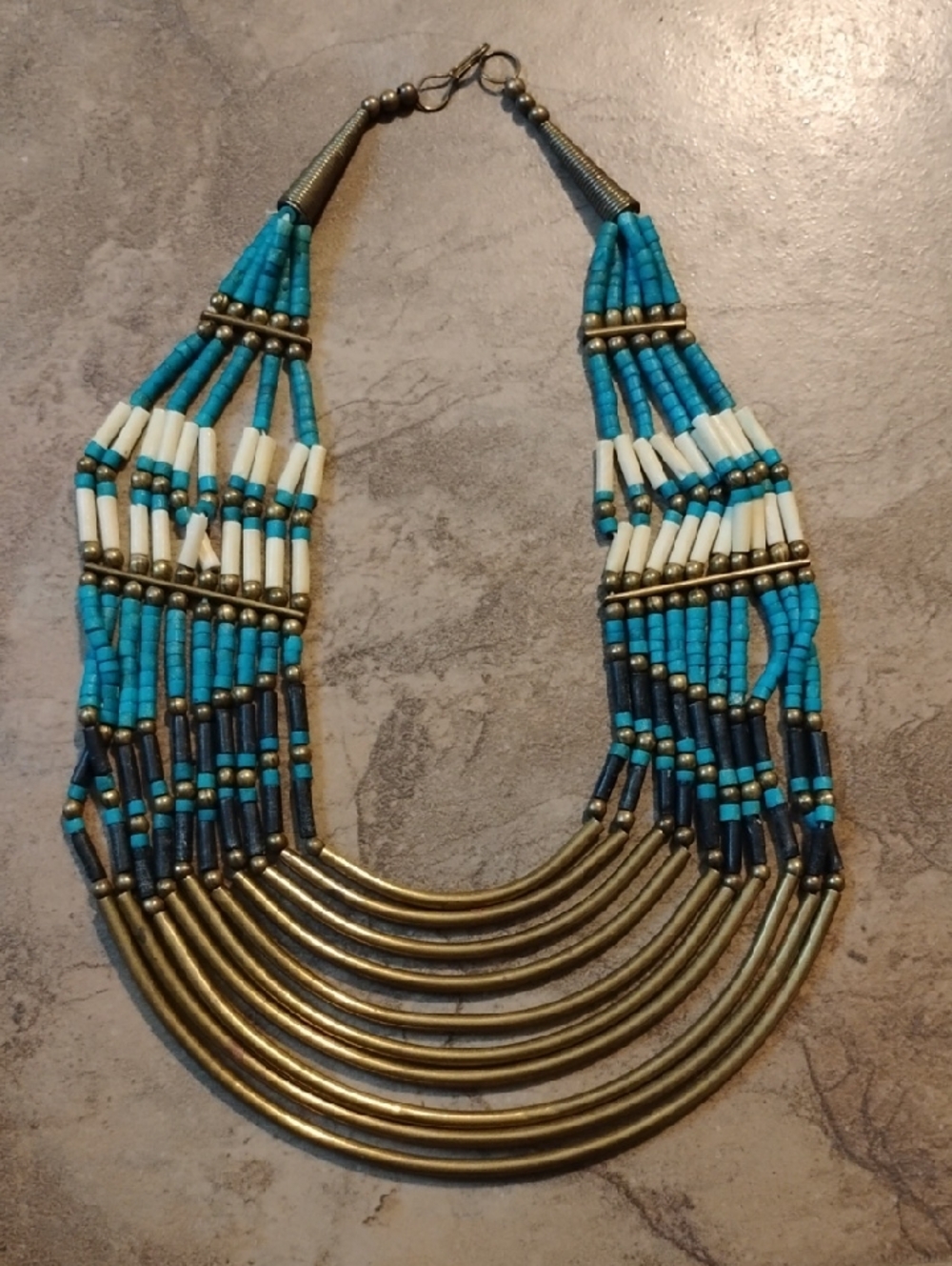 Turquoise and Brass Multi-Strand Beaded Necklace
